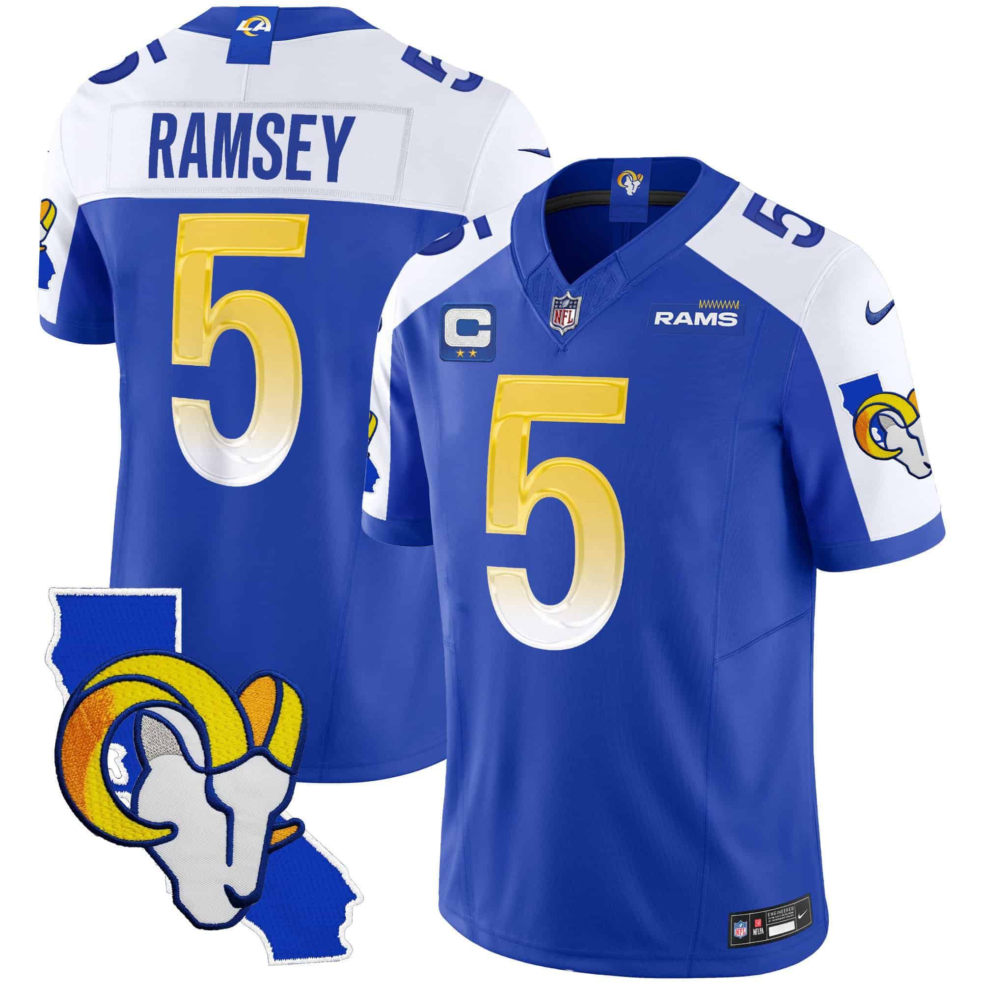 Men Los Angeles Rams #5 Ramsey Blue 2024 Nike California Patch Vapor Limited NFL Jersey
